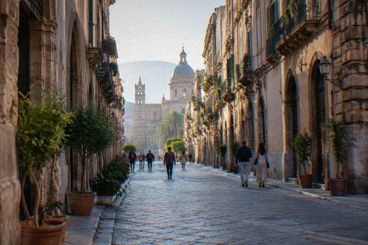 A pedestrian street in central Palermo with historic buildings and people strolling