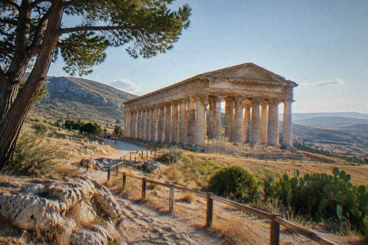 The ancient Greek temple of Segesta standing on a hillside in western Sicily