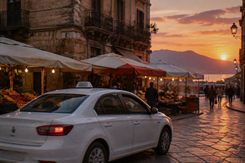 A Palermo street corner with a white taxi passing market awnings in the evening
