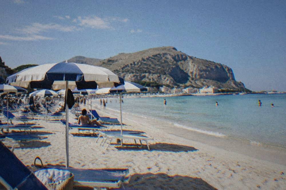 Rows of umbrellas and sunbeds on pale sand beside calm shallow water at a seaside resort