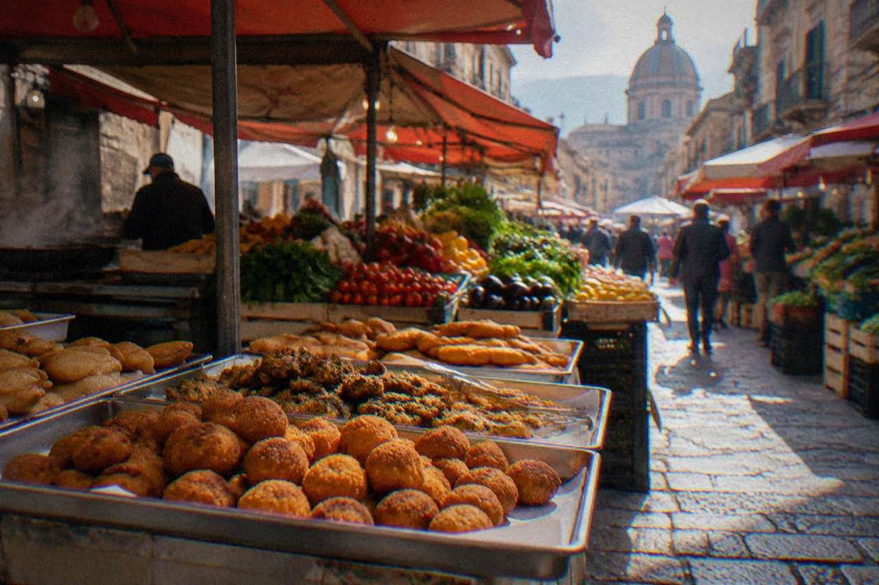 A busy Palermo street market stall with trays of fried snacks and produce under awnings