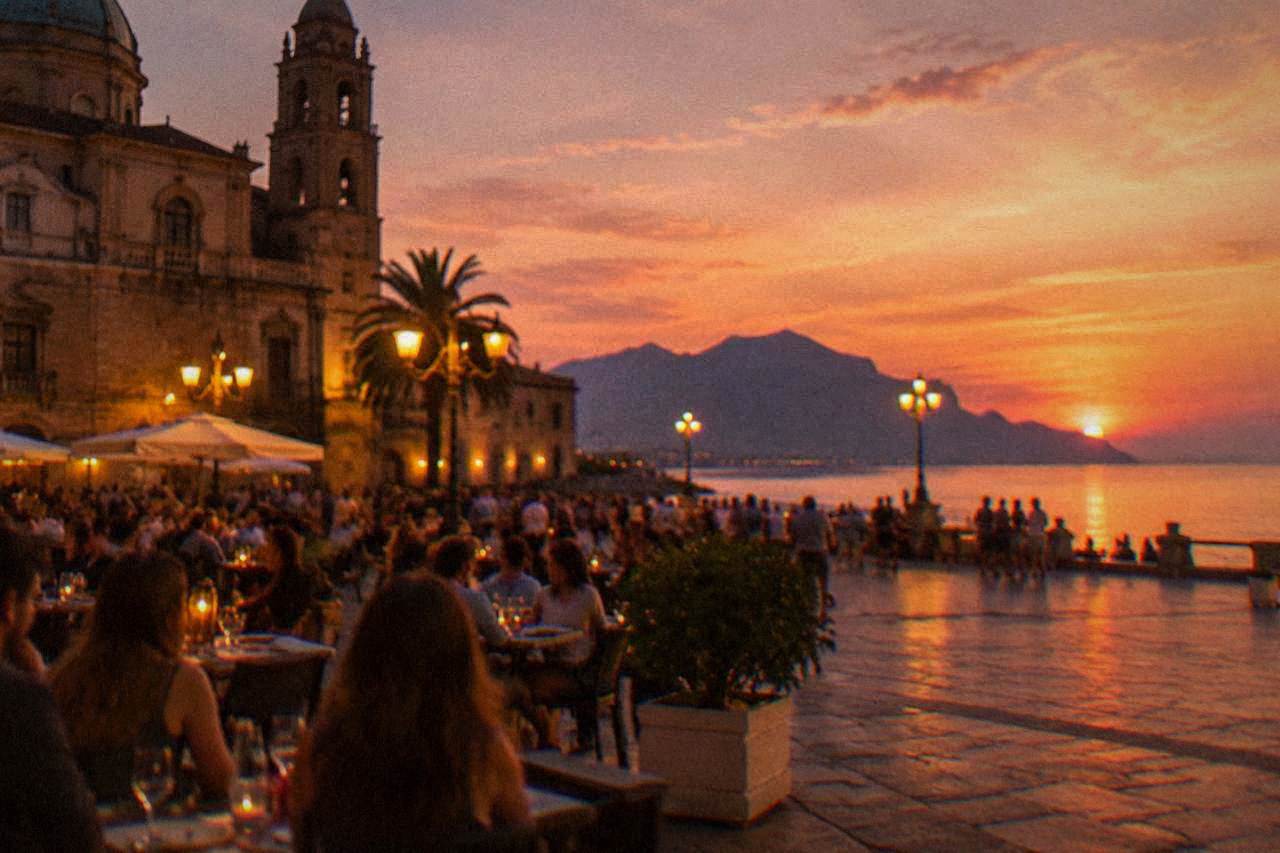 Evening crowds gathered at outdoor tables in a lit Palermo square
