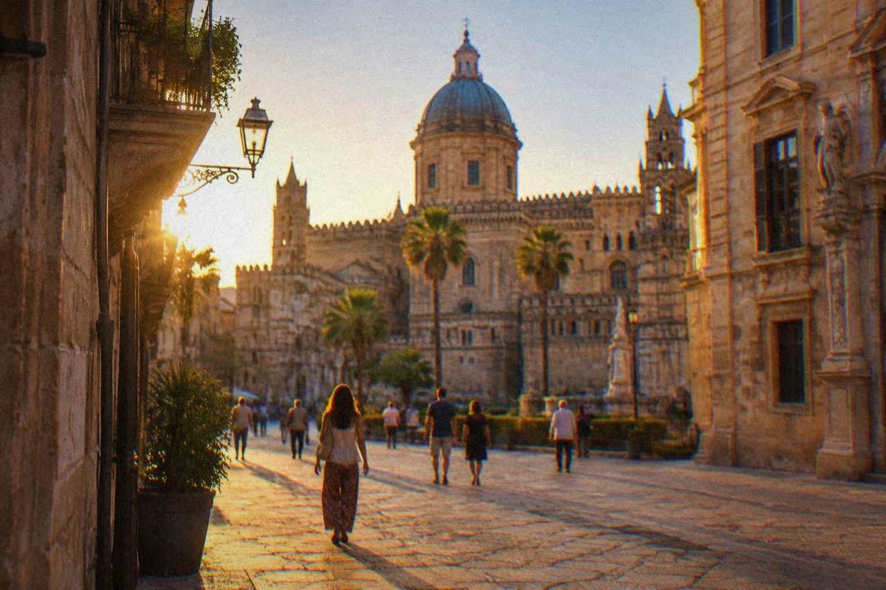 People walking across a sunlit square lined with old stone buildings in central Palermo