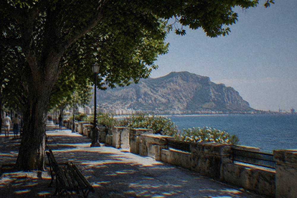The rocky slopes of Monte Pellegrino above Palermo, with the sea of the Gulf of Palermo in the distance