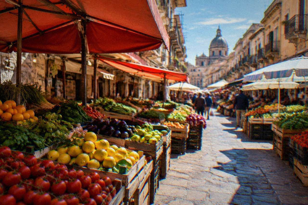 Stalls of a busy Palermo street market with produce crates and awnings along a narrow street