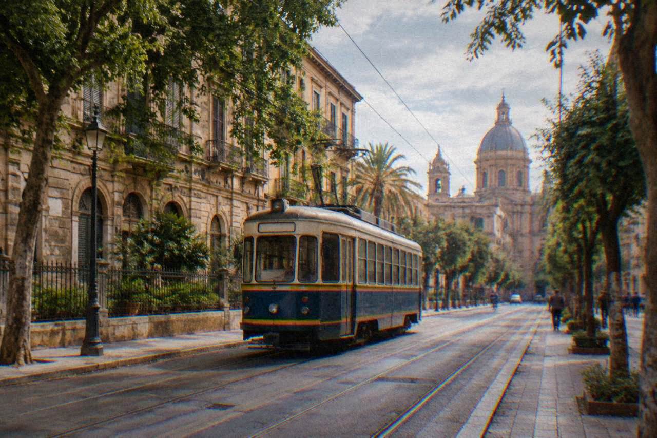 A Palermo tram moving along a tree-lined street near the city centre