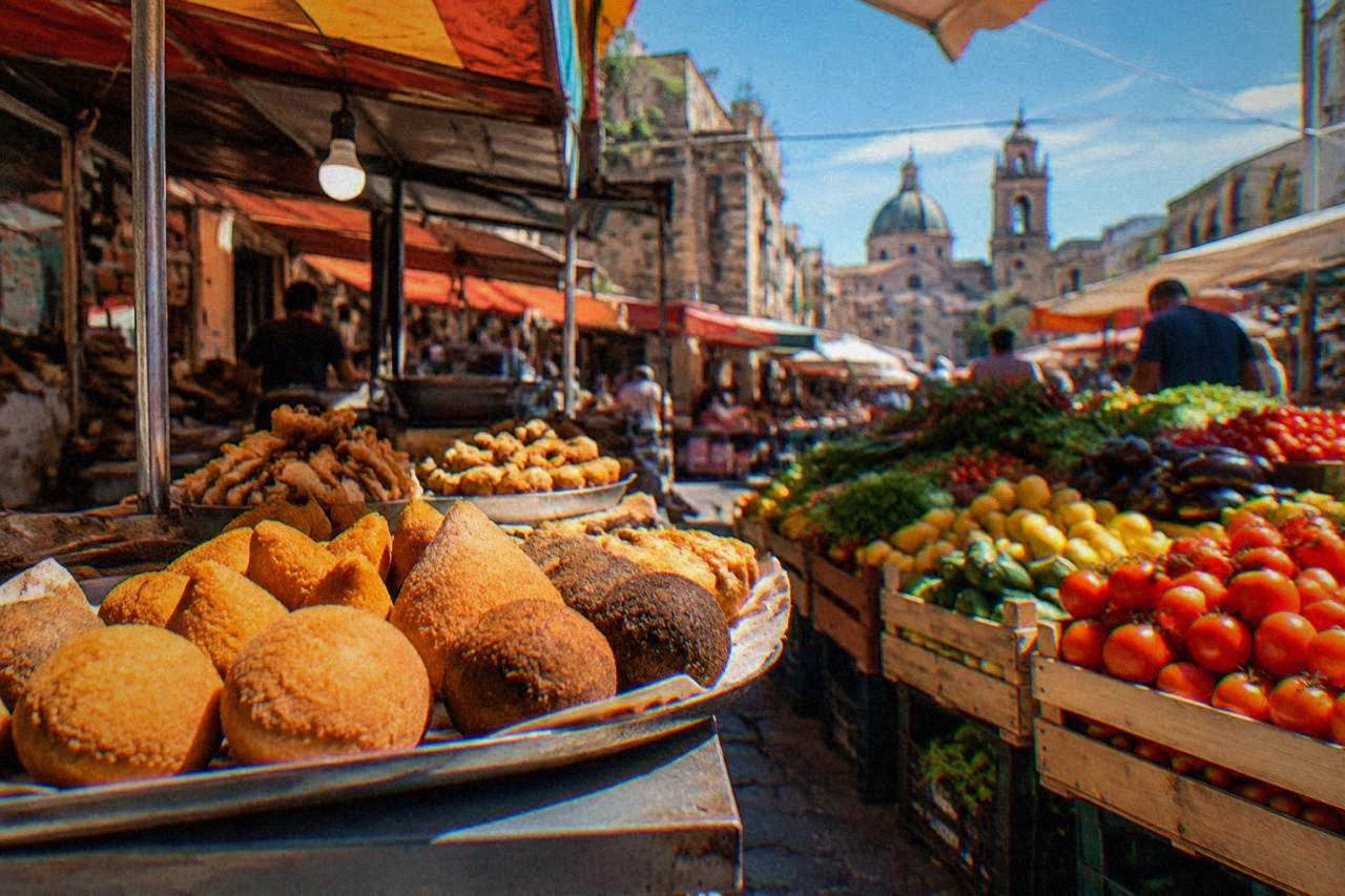 Fried street food and fresh produce stacked on a market stall in Palermo