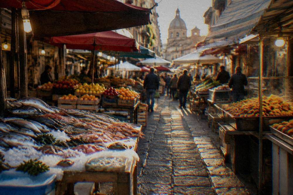 A busy Palermo market street with stalls of fruit, fish and fried food under awnings