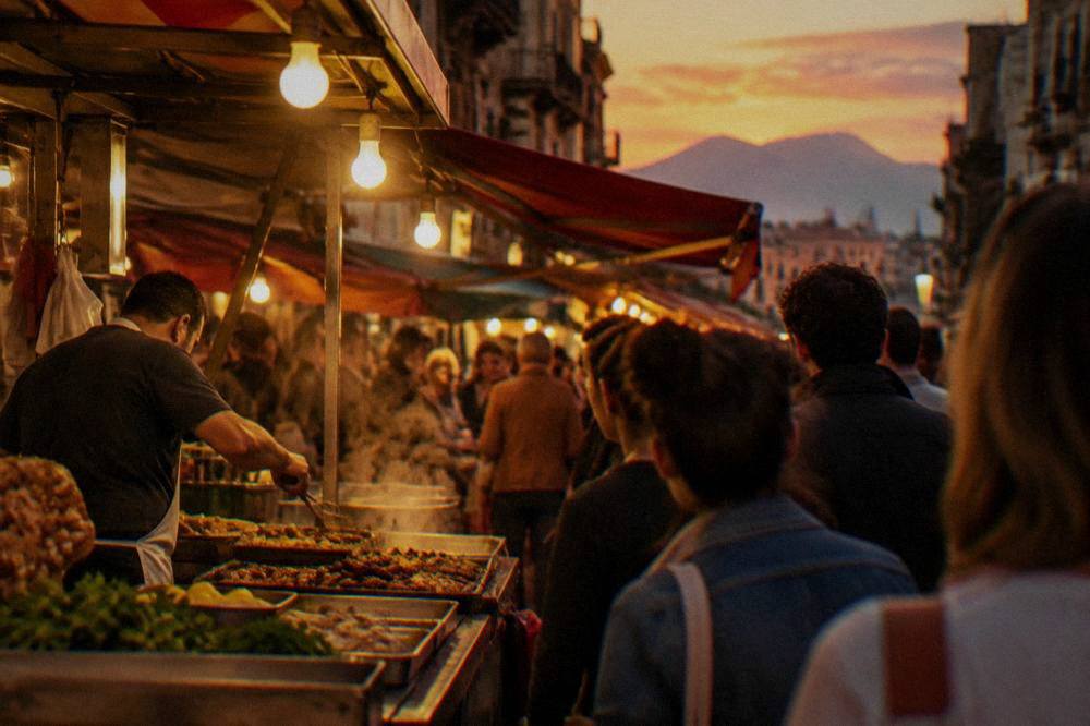 Evening crowd at a Palermo street food stall with warm lights over the old market street