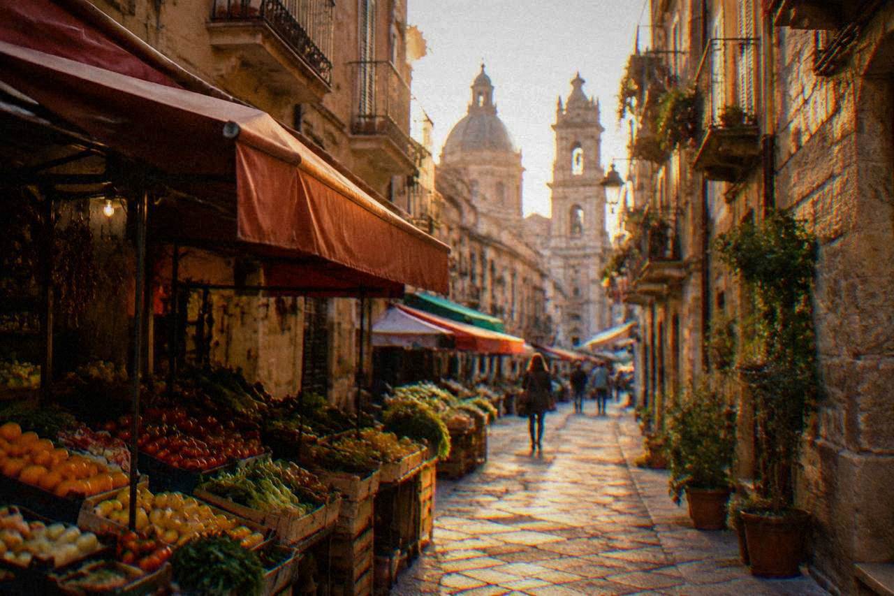 A narrow street in the historic centre of Palermo with stone buildings and colourful market awnings