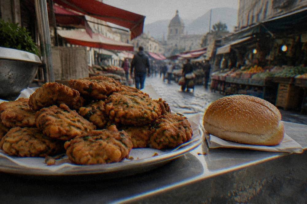 Fried chickpea fritters and a sesame bun on a market counter in Palermo