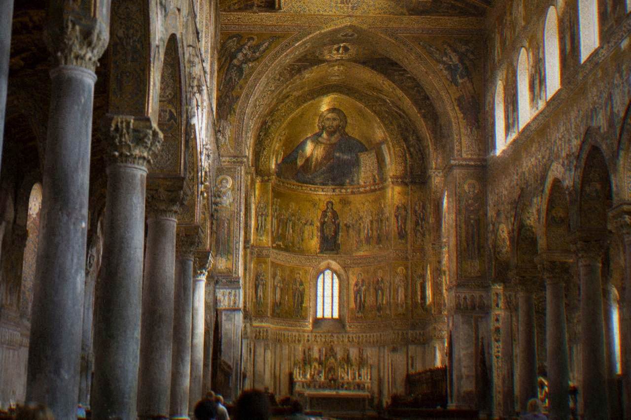 Gold mosaic interior of Monreale Cathedral above the main nave