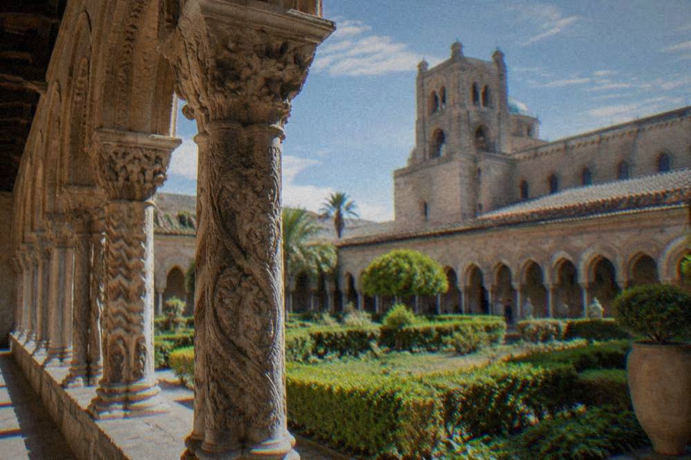 The cloister of Monreale Cathedral with its carved columns