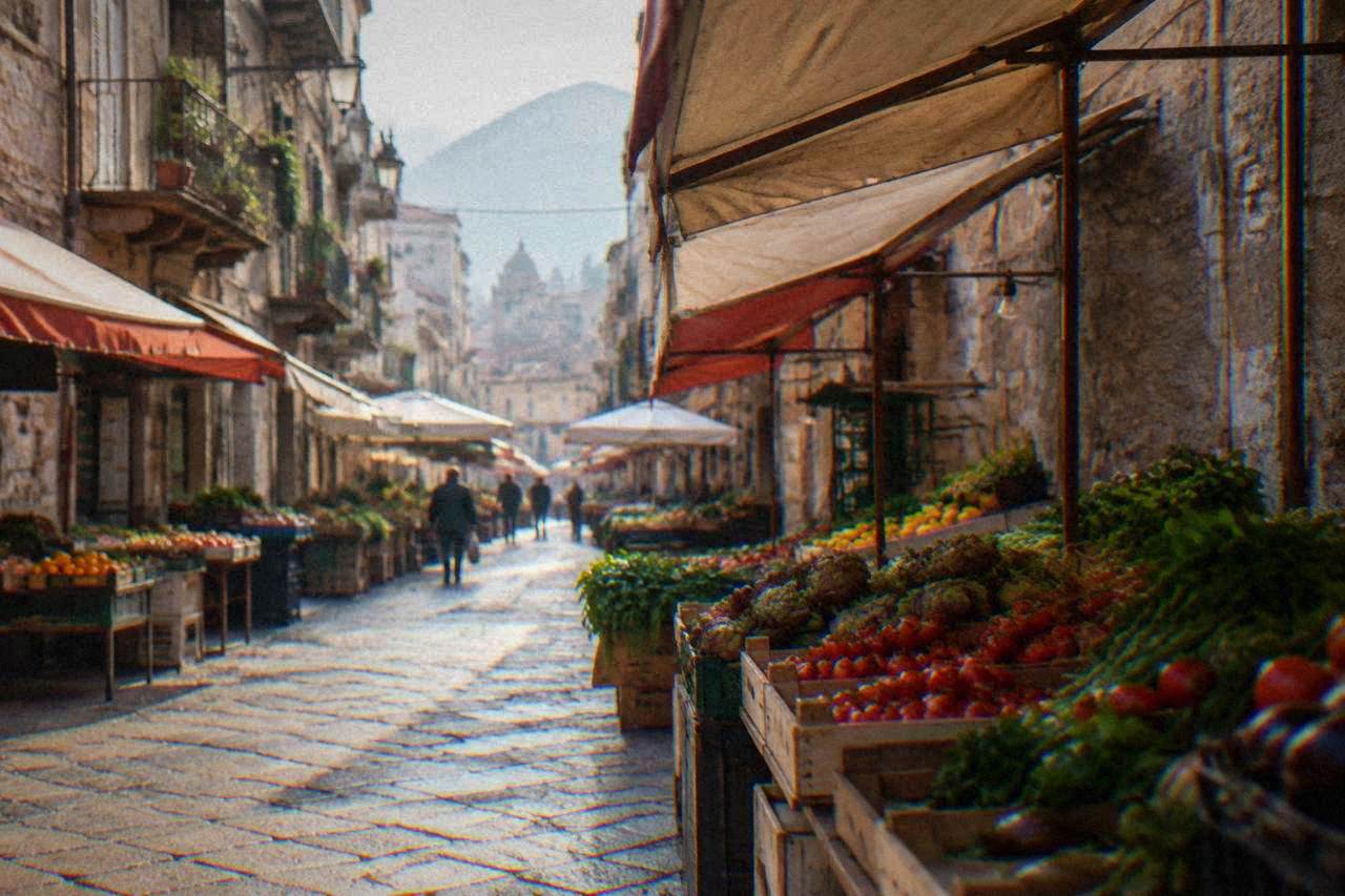 Narrow market street in the Albergheria district of Palermo with awnings and stone buildings