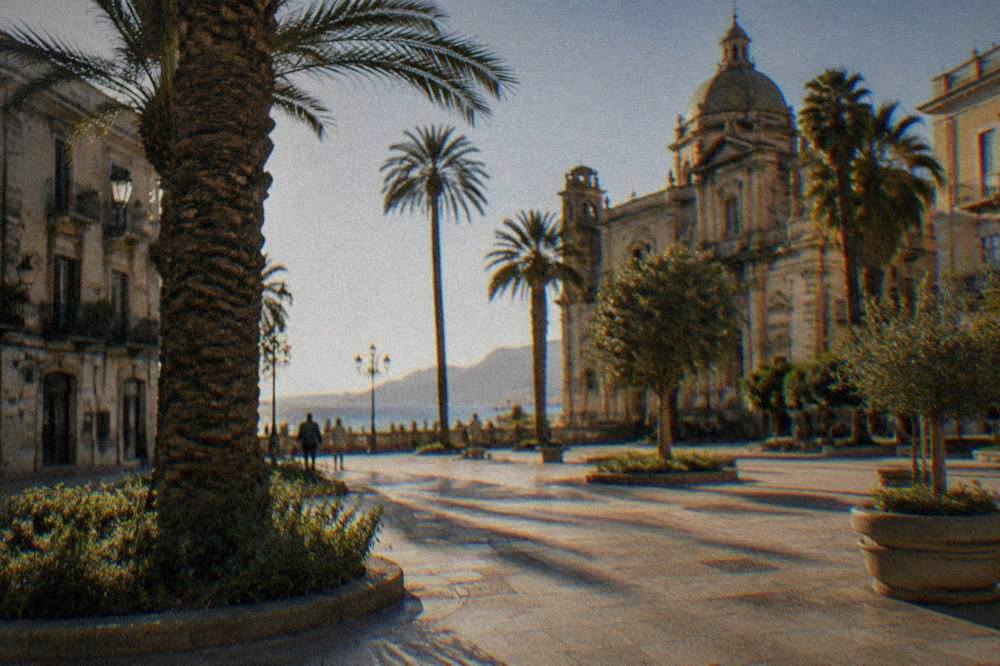 Palm trees and historic buildings around an open square in the Kalsa