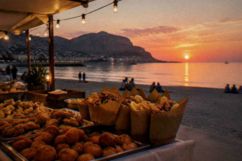 An evening food market table with fried snacks and paper cones under string lights