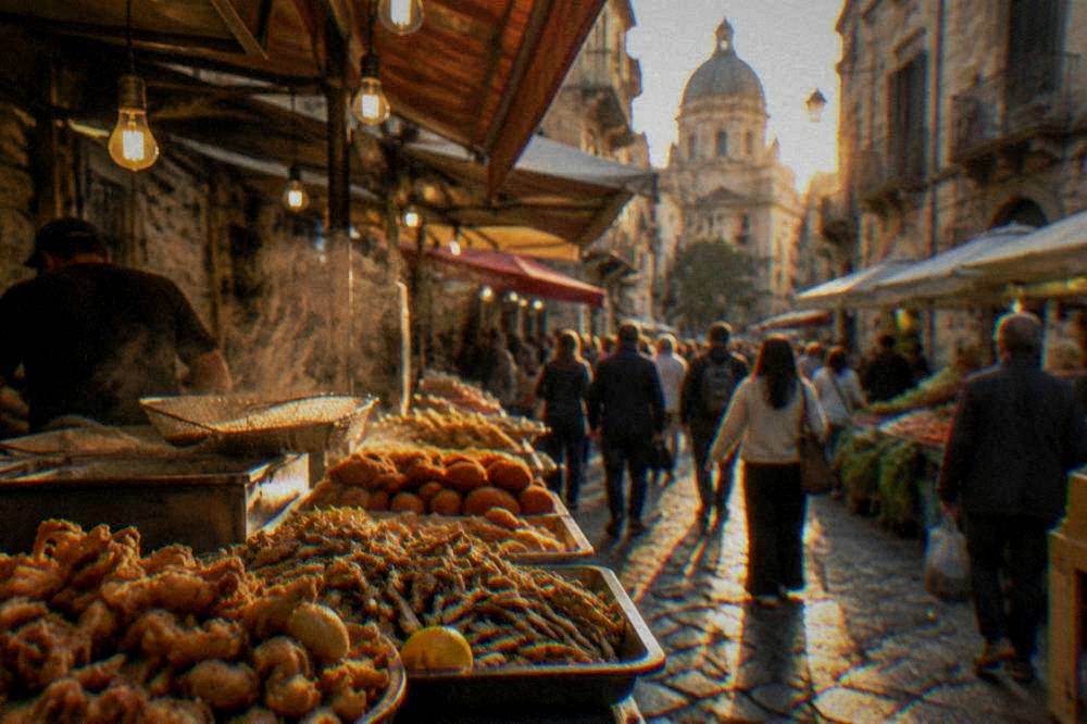 A busy Palermo market stall with fried street food and crowds of shoppers