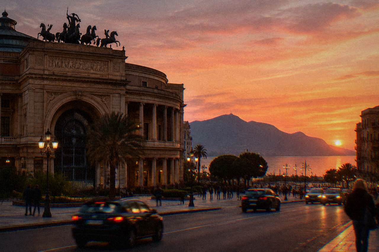 The ornate theatre facade on a square in Palermo at dusk with traffic and people passing