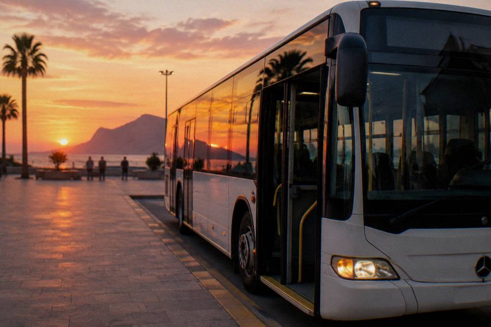 An airport shuttle bus parked at a curb beside a city square in the evening