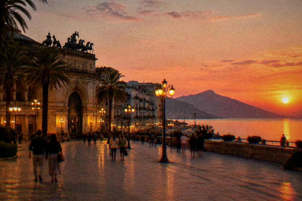 An evening square in a Mediterranean city lit by warm street lamps with people strolling