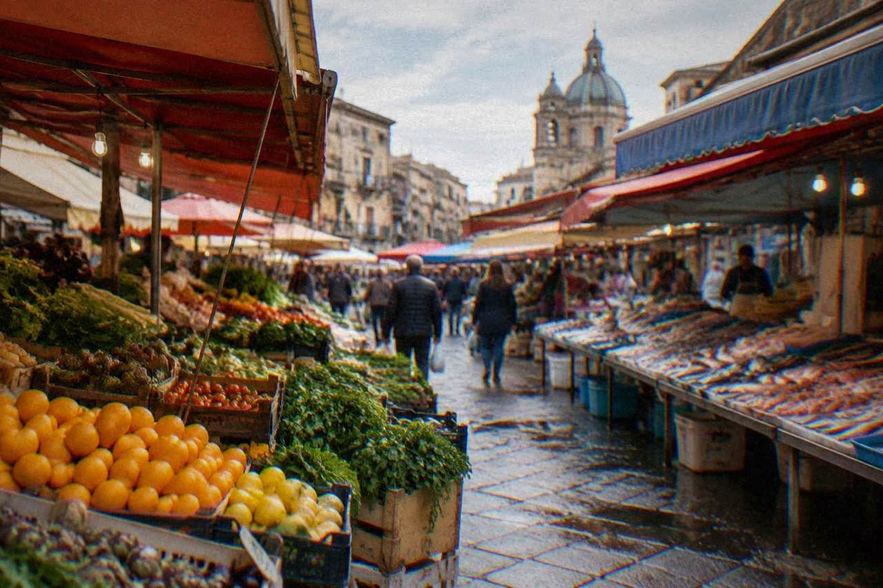 A busy Palermo street market with stalls of fruit, vegetables and fish under colourful awnings