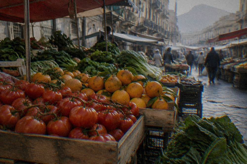 Close view of a market stall with crates of tomatoes, oranges and leafy vegetables in Palermo