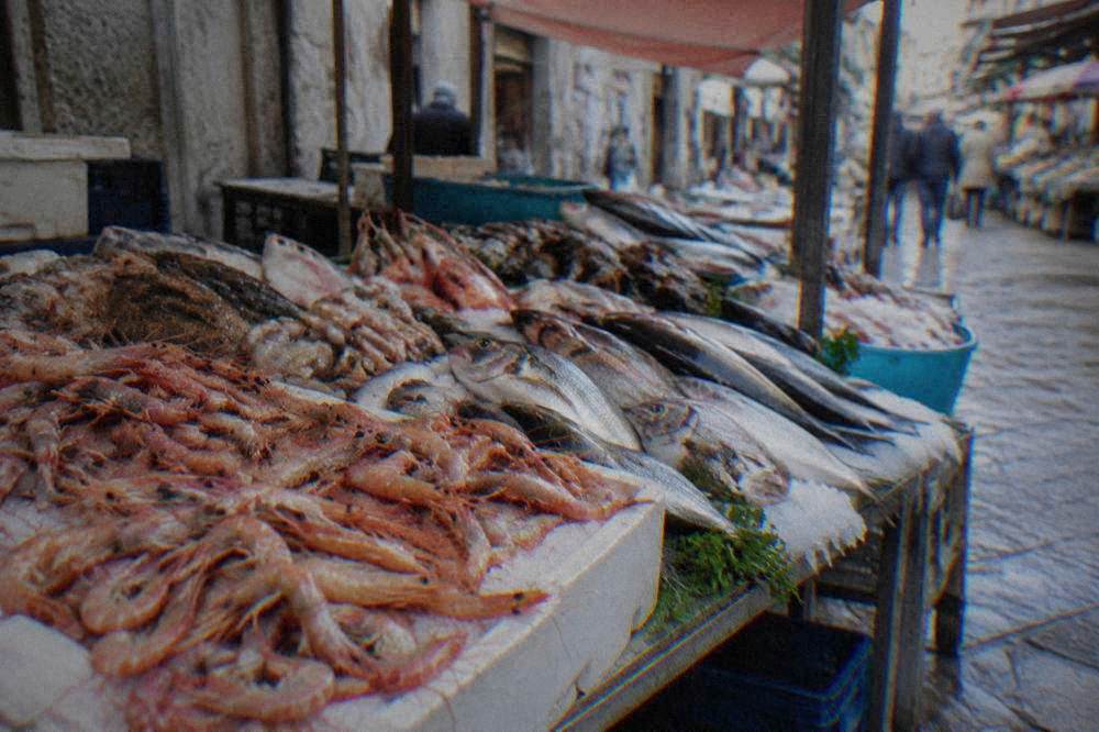 A fish stall in a Palermo market with ice, prawns and whole fish displayed