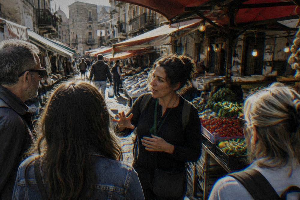 A guide speaking to a small group beside a food stall in a Palermo market street