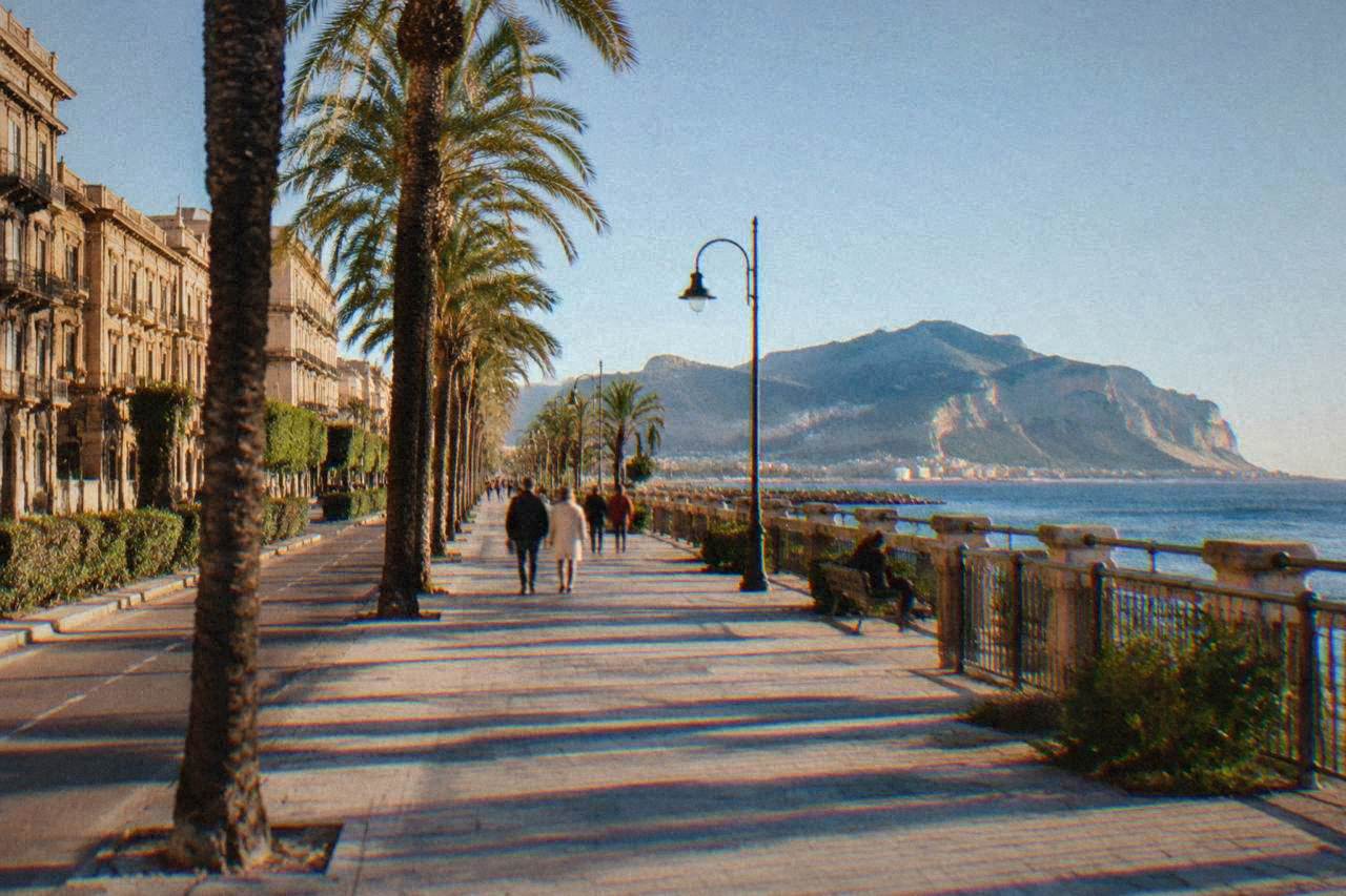 A wide palm-lined seafront promenade in Palermo with the sea on one side and historic buildings on the other