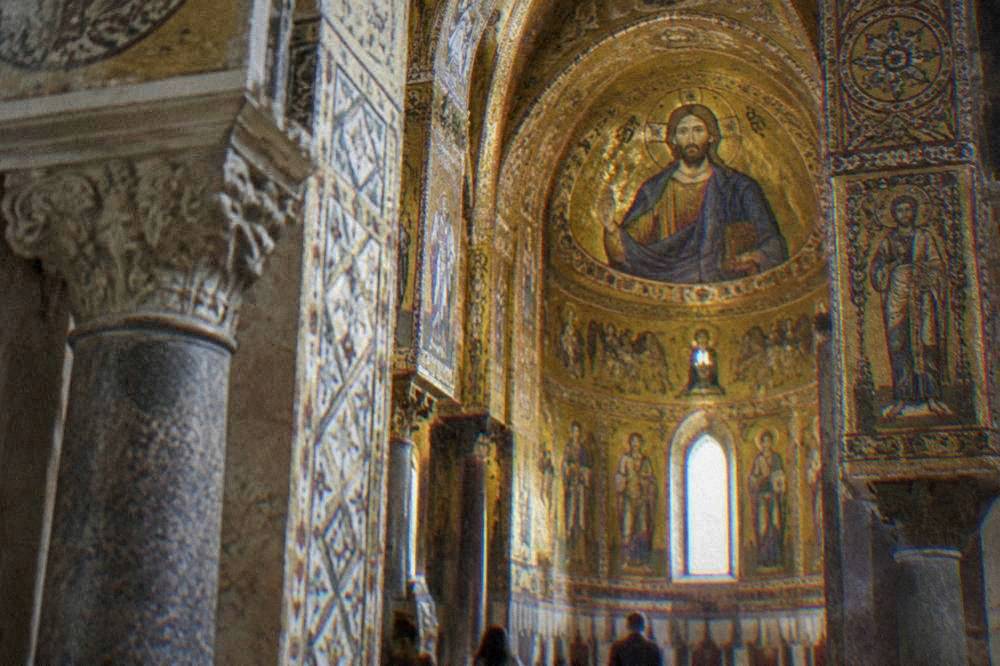 Golden mosaic decoration inside a chapel in Palermo