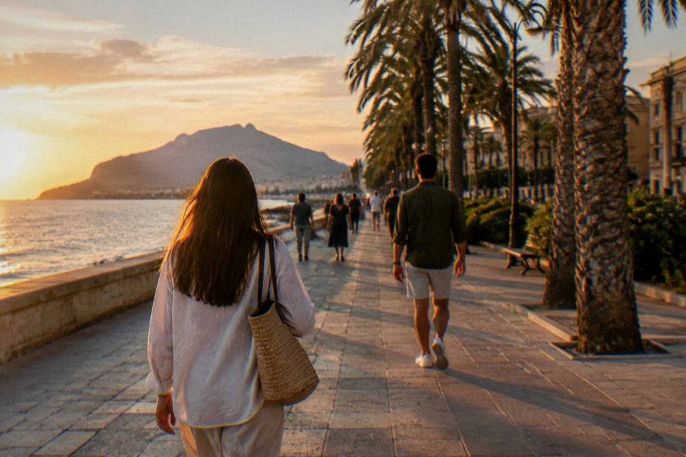 People walking along a seafront promenade with palm trees in Palermo at golden hour
