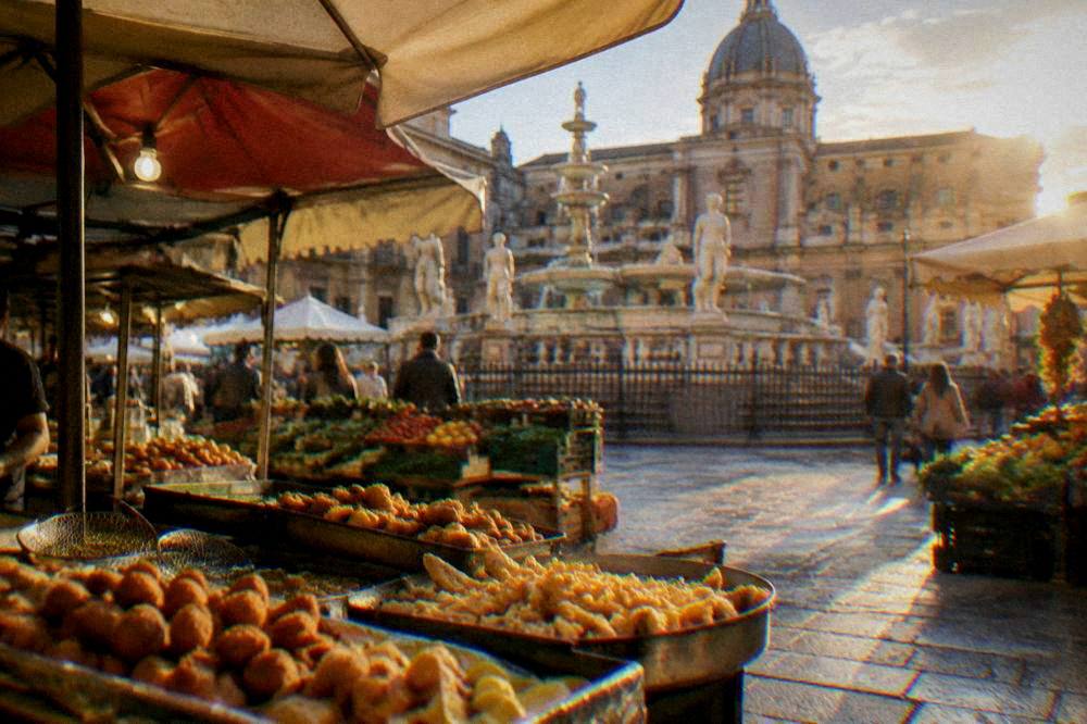 Busy Sicilian street market stall with fried food, produce and shoppers under awnings