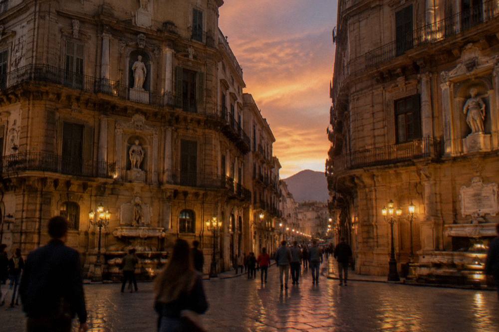 The Quattro Canti facades illuminated at dusk in Palermo with people walking