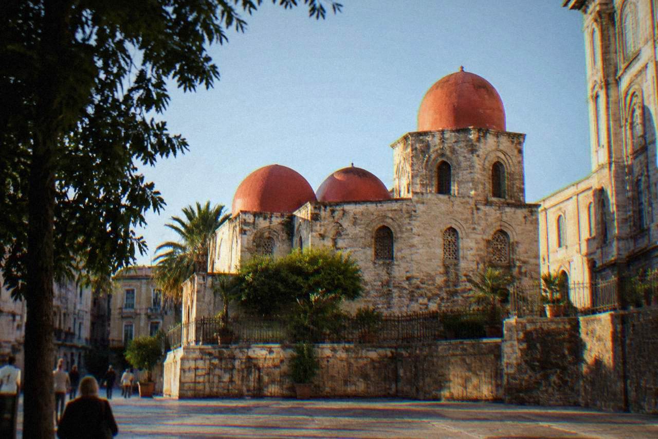 The red domes of San Cataldo Church seen from Piazza Bellini in Palermo