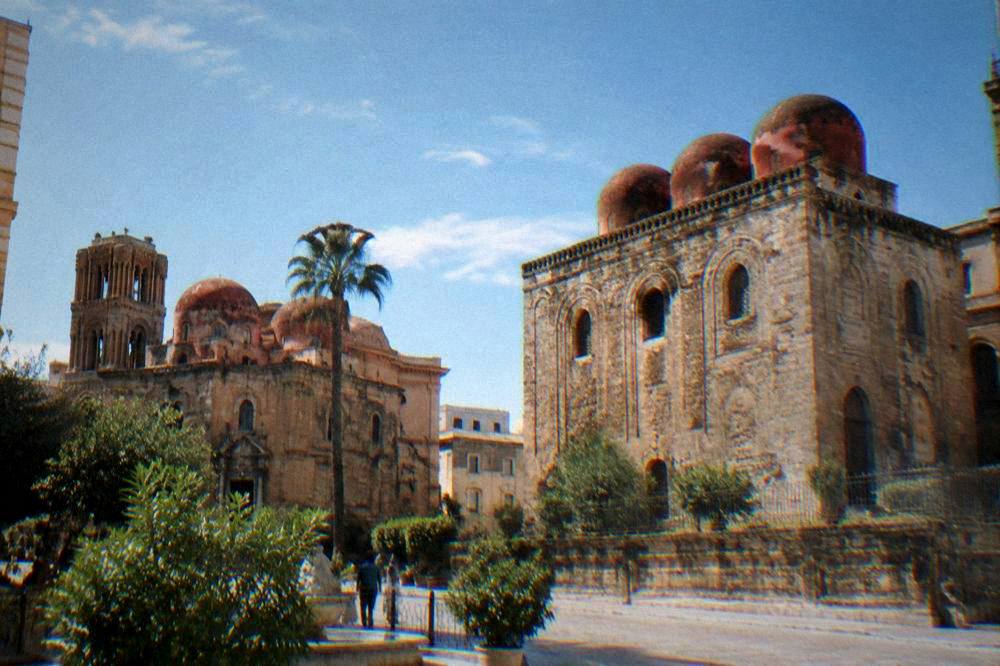 The two churches of Piazza Bellini, San Cataldo and La Martorana, seen together from the square