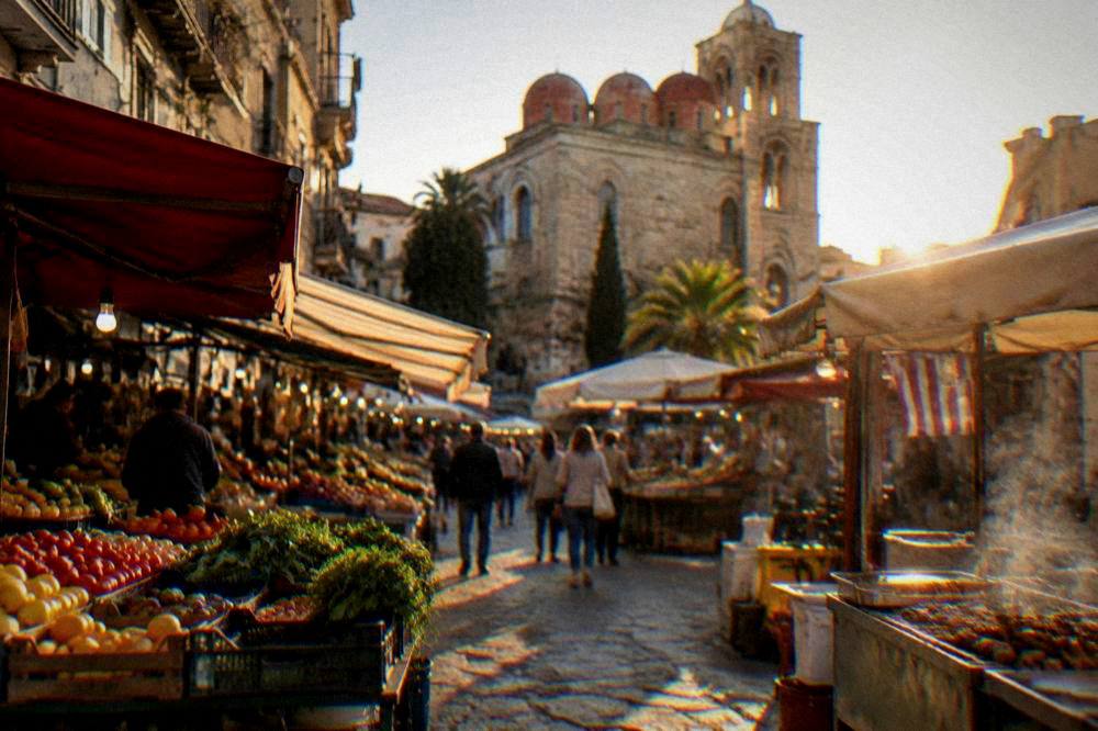 A busy street market with stalls of produce and street food in the Albergheria district