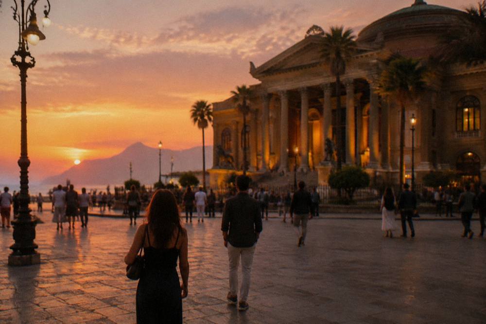 People walking in the square outside the opera house in evening light