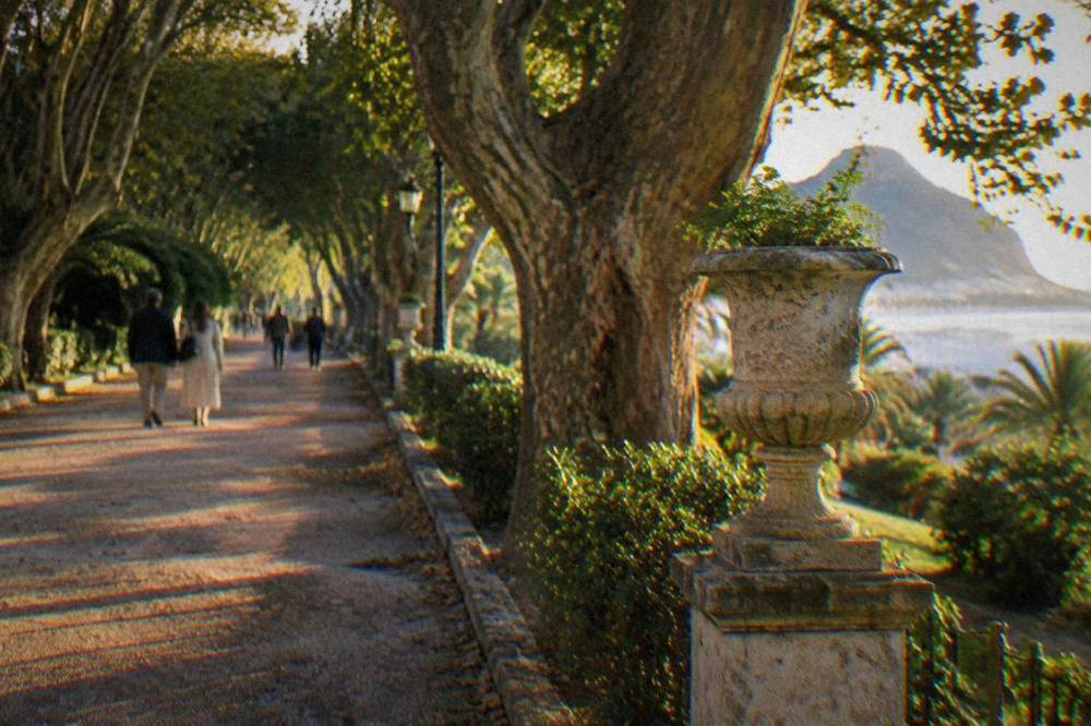 An avenue of old trees in Villa Giulia with walkers and a stone urn beside the path