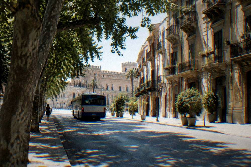 A Palermo street with balconied buildings and a bus passing under plane trees