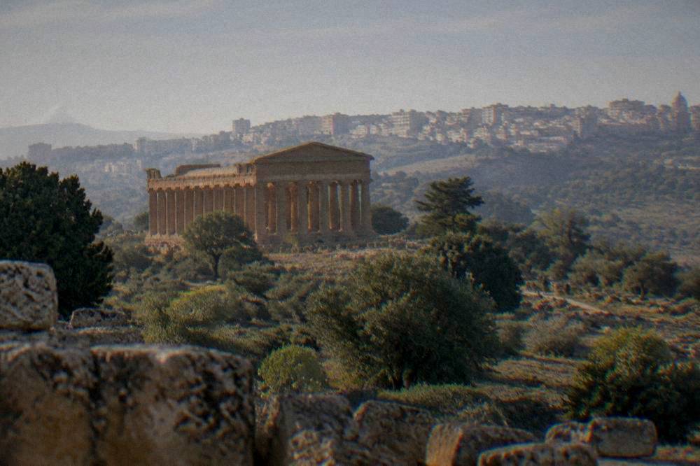 Modern town of Agrigento on a hillside behind the ancient temple ridge
