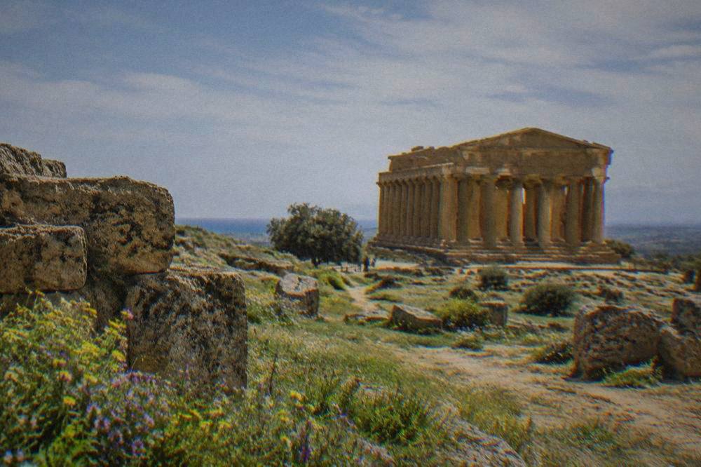 Wildflowers and spring grass around ancient temple ruins under a clear sky