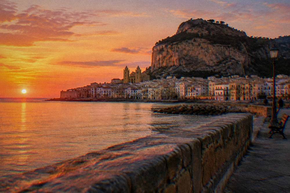 Evening light on the harbour wall of Cefalu with the rock of La Rocca and the old town behind