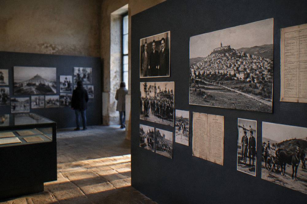 A museum display wall with photographs and documents about Sicilian history