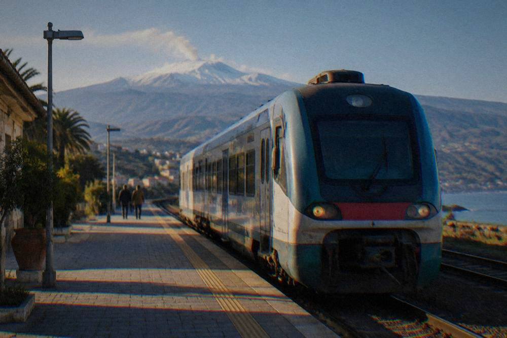 A regional train waiting at a Sicilian railway station platform in morning light