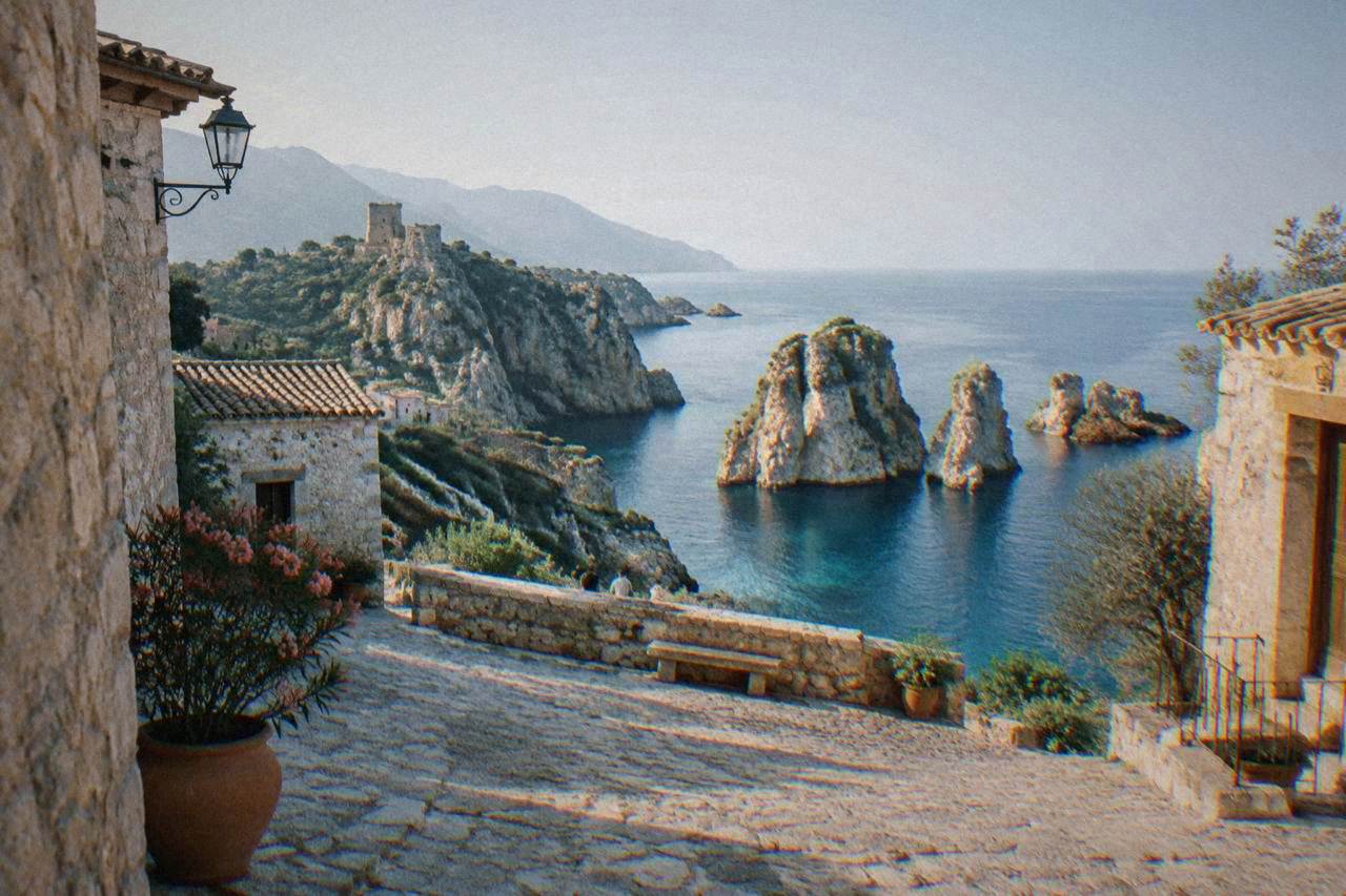 A small stone village square above a rocky coastline with tall sea stacks in clear water