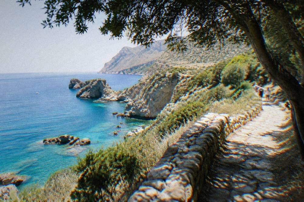 A stone footpath along a scrubby coastline with turquoise water below