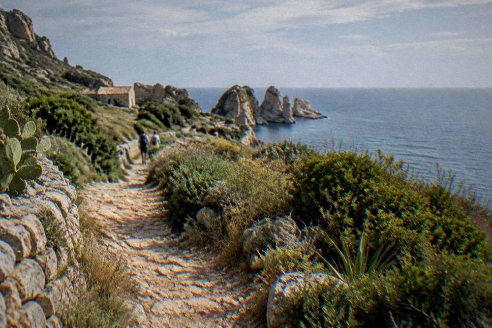 A dry stone path through low Mediterranean scrub with the sea on the horizon