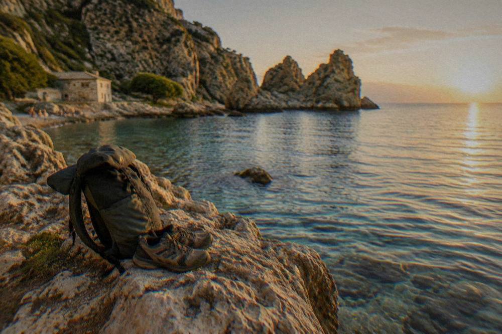 A backpack and walking shoes resting on a rock beside clear sea water