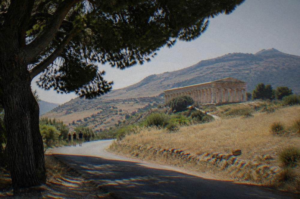 A country road winding through golden hills toward the ancient site of Segesta