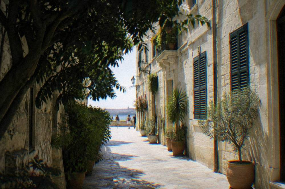 Narrow lane in Ortigia with pale stone walls, potted plants and shuttered windows